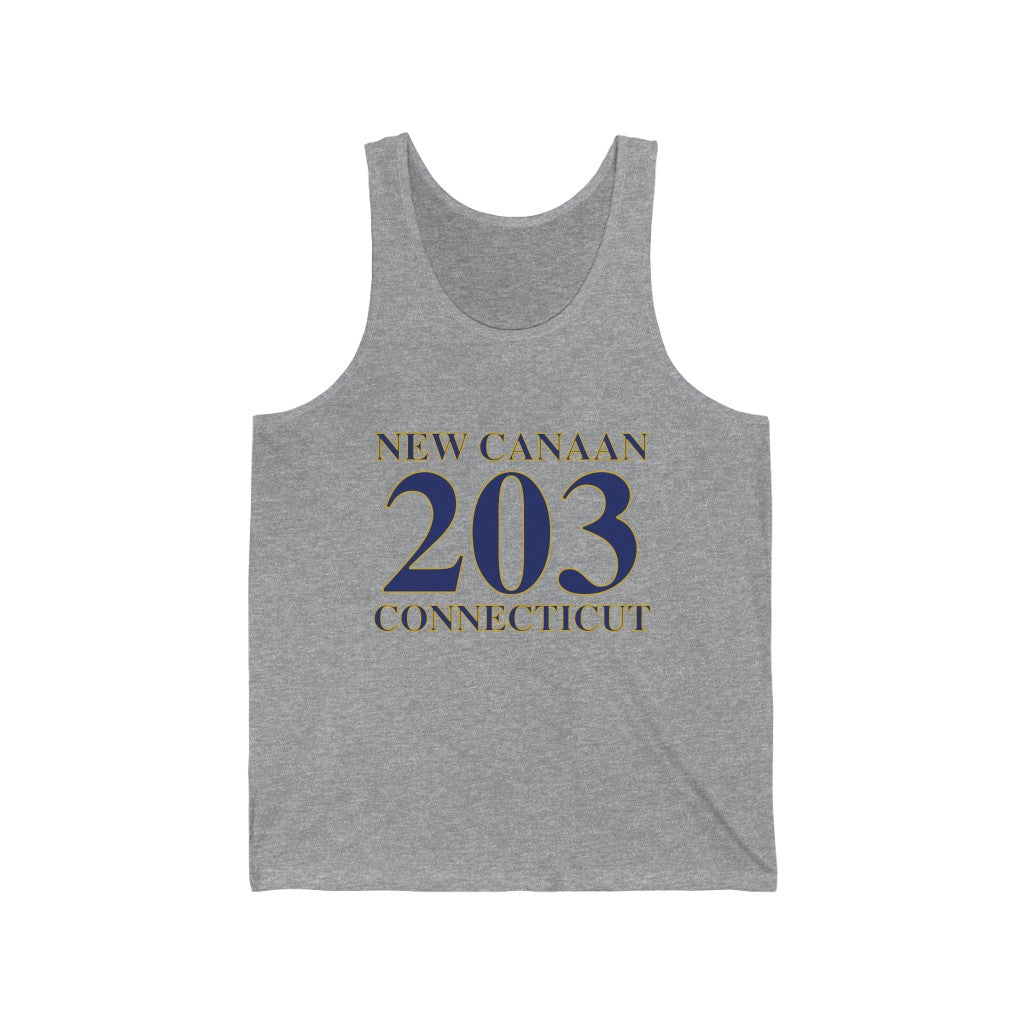 New Canaan 203 Connecticut Unisex Jersey Tank  The 203 New Canaan Collection. Show off New Canaan and Connecticut at the same time. Colors were inspired by the Connecticut state flag.   Proceeds help build Finding New Canaan and Finding Connecticut's brand.
