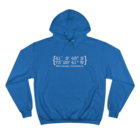 New Canaan Coordinates Champion Hoodie  Does New Canaan, Connecticut always have a special place in your heart. The Coordinates collection marks the spot for the special place you have ties to.   Proceeds helps grow Finding New Canaan and Finding Connecticut's brand grow.