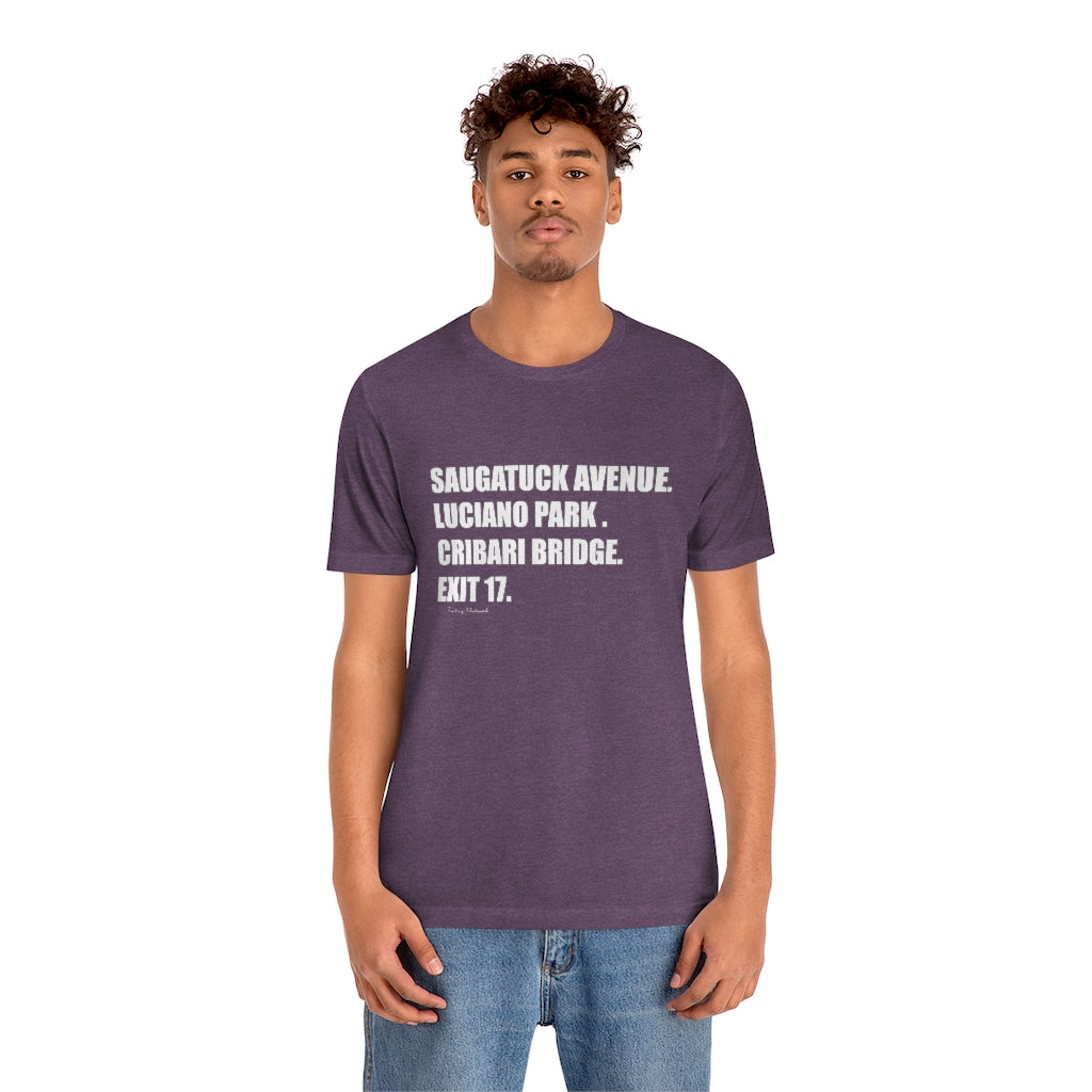 Saugatuck Ave. Luciano Park. Cribari Bridge. Exit 17. Unisex Jersey Short Sleeve Tee How do you say Westport without saying Westport? Westport, Connecticut is filled with unique aspects. Each providing different elements that make up the town from historic to modern traditions. Proceeds of this collection goes to help build Finding Westport and Finding Connecticut's brands.