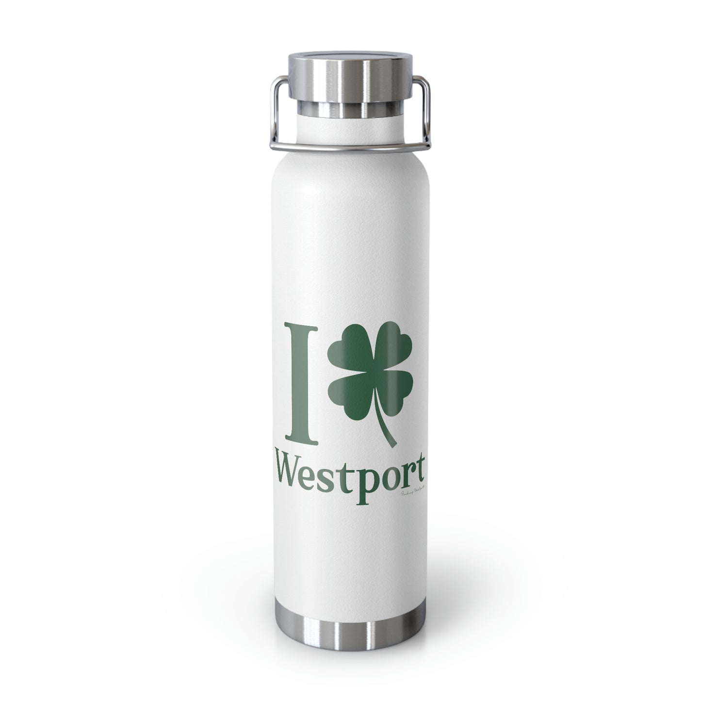 westport connecticut st patricks day water bottle, i clover westport.