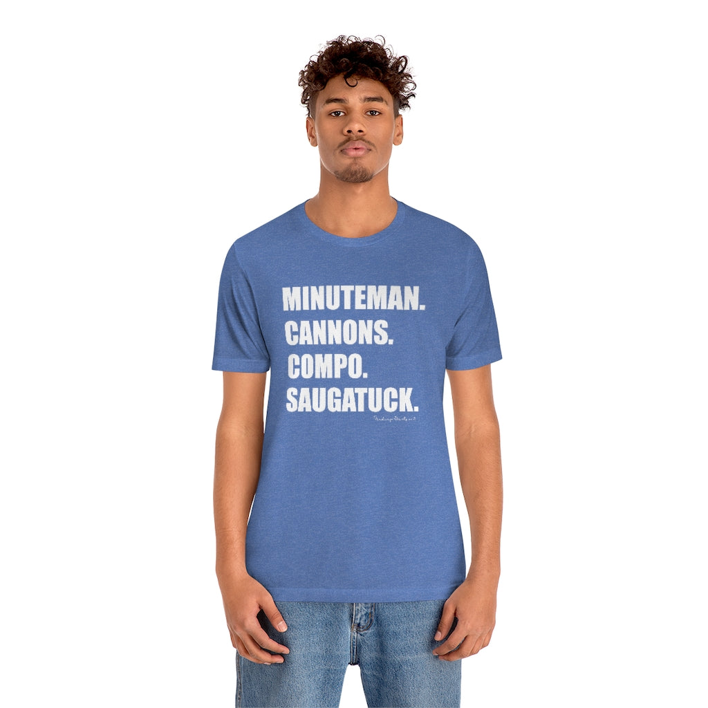 Minuteman. Cannons. Compo. Saugatuck. Unisex Jersey Short Sleeve Tee How do you say Westport without saying Westport? Westport, Connecticut is filled with unique aspects. Each providing different elements that make up the town from historic to modern traditions. Minuteman. Cannons. Compo. Saugatuck. You know its Westport. Proceeds of this collection goes to help build Finding Westport and Finding Connecticut's brands.