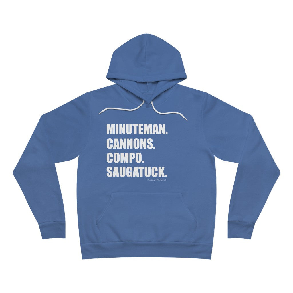 Minuteman. Cannons. Compo. Saugatuck. Unisex Spong Fleece Pullover Hoodie How do you say Westport without saying Westport? Westport, Connecticut is filled with unique aspects. Each providing different elements that make up the town from historic to modern traditions. Minuteman. Cannons. Compo. Saugatuck. You know its Westport. Proceeds of this collection goes to help build Finding Westport and Finding Connecticut's brands.