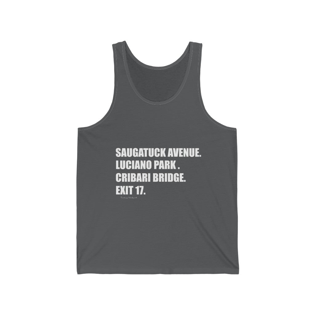 Saugatuck Ave. Luciano Park. Cribari Bridge. Exit 17. Unisex Jersey Tank How do you say Westport without saying Westport? Westport, Connecticut is filled with unique aspects. Each providing different elements that make up the town from historic to modern traditions. Proceeds of this collection goes to help build Finding Westport and Finding Connecticut's brands.