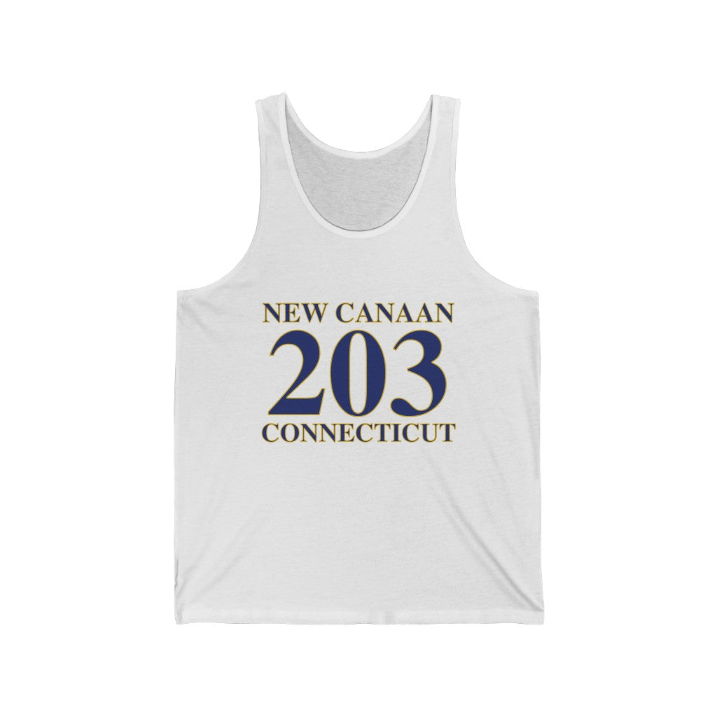 New Canaan 203 Connecticut Unisex Jersey Tank  The 203 New Canaan Collection. Show off New Canaan and Connecticut at the same time. Colors were inspired by the Connecticut state flag.   Proceeds help build Finding New Canaan and Finding Connecticut's brand.