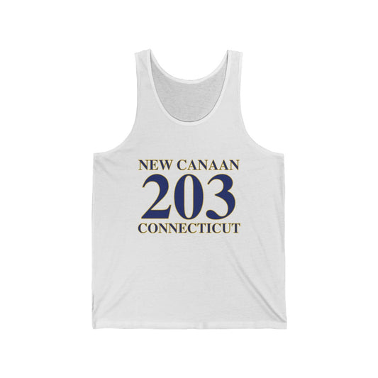 New Canaan 203 Connecticut Unisex Jersey Tank  The 203 New Canaan Collection. Show off New Canaan and Connecticut at the same time. Colors were inspired by the Connecticut state flag.   Proceeds help build Finding New Canaan and Finding Connecticut's brand.