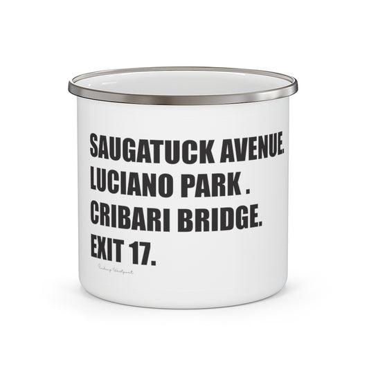 Saugatuck Ave. Luciano Park. Cribari Bridge. Exit 17. Enamel Camping Mug  How do you say Westport without saying Westport? Westport, Connecticut is filled with unique aspects. Each providing different elements that make up the town from historic to modern traditions.   Proceeds of this collection goes to help build Finding Westport and Finding Connecticut's  brands.