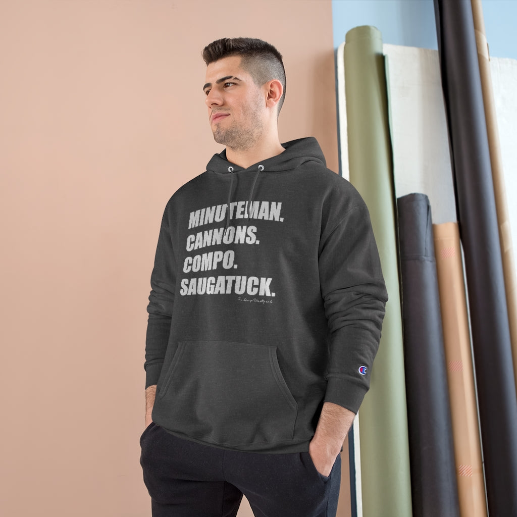 Minuteman. Cannons. Compo. Saugatuck. Champion Hoodie How do you say Westport without saying Westport? Westport, Connecticut is filled with unique aspects. Each providing different elements that make up the town from historic to modern traditions. Minuteman. Cannons. Compo. Saugatuck. You know its Westport. Proceeds of this collection goes to help build Finding Westport and Finding Connecticut's brands.