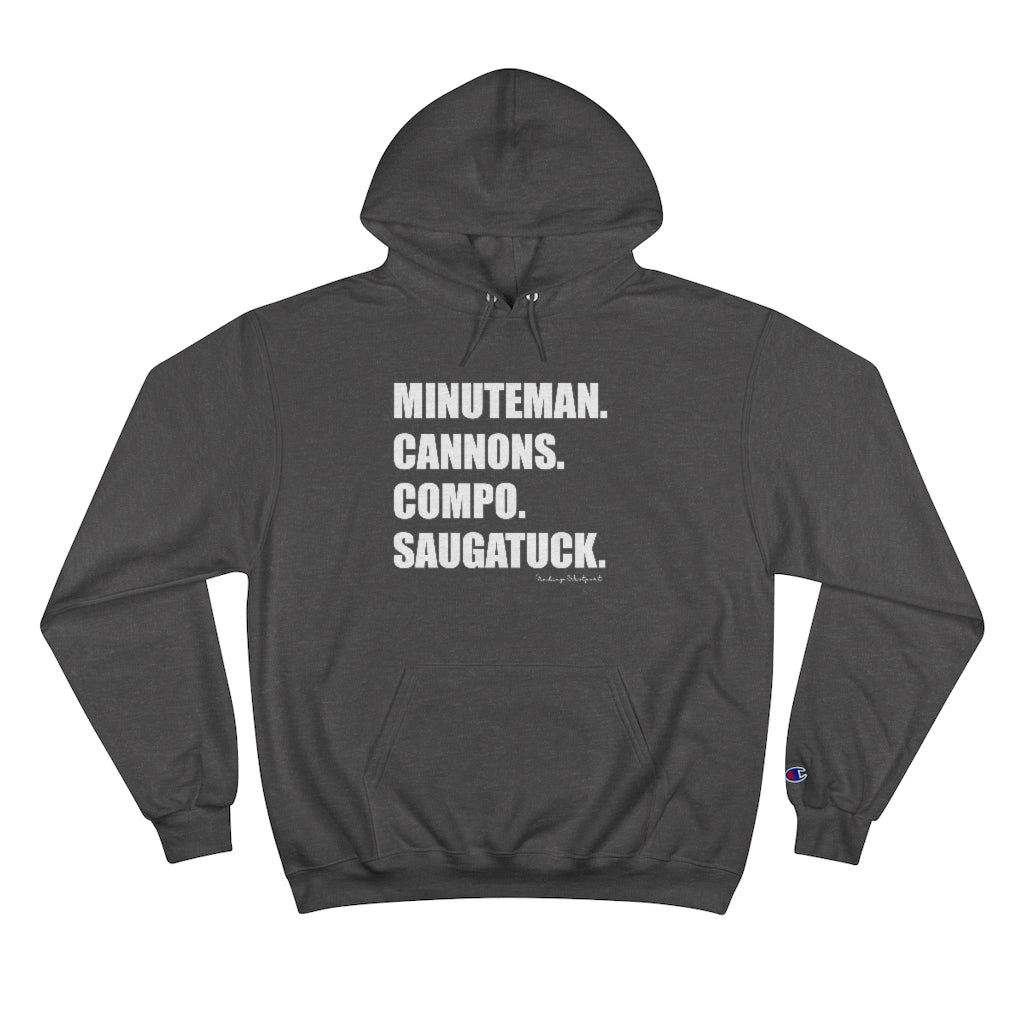 Minuteman. Cannons. Compo. Saugatuck. Champion Hoodie How do you say Westport without saying Westport? Westport, Connecticut is filled with unique aspects. Each providing different elements that make up the town from historic to modern traditions. Minuteman. Cannons. Compo. Saugatuck. You know its Westport. Proceeds of this collection goes to help build Finding Westport and Finding Connecticut's brands.