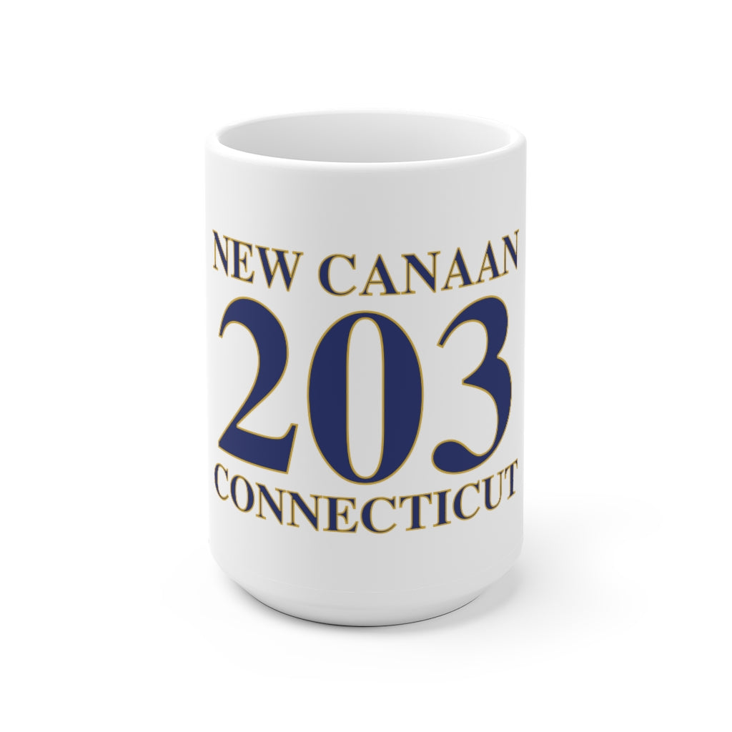 New Canaan 203 Connecticut White Ceramic Mug  The 203 New Canaan Collection. Show off New Canaan and Connecticut at the same time. Colors were inspired by the Connecticut state flag.   Proceeds help build Finding New Canaan and Finding Connecticut's brand.