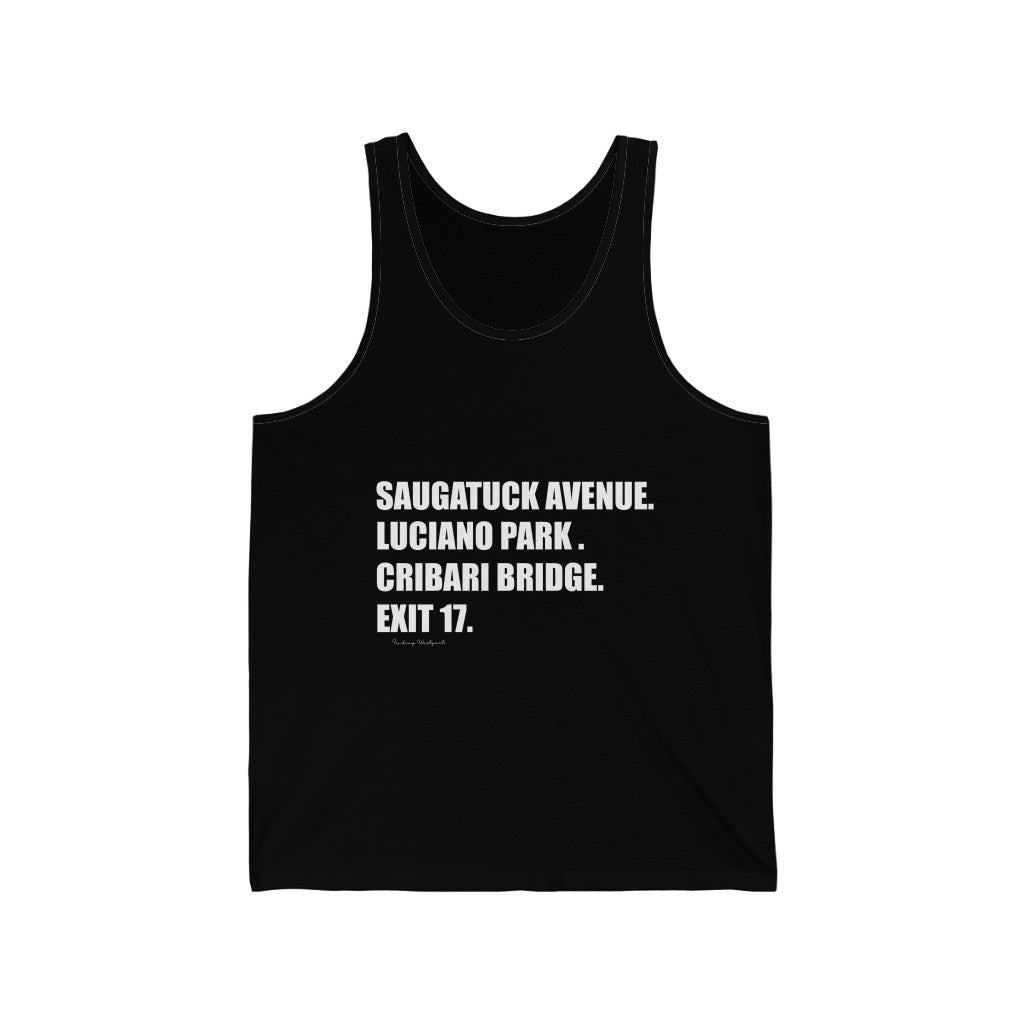 Saugatuck Ave. Luciano Park. Cribari Bridge. Exit 17. Unisex Jersey Tank How do you say Westport without saying Westport? Westport, Connecticut is filled with unique aspects. Each providing different elements that make up the town from historic to modern traditions. Proceeds of this collection goes to help build Finding Westport and Finding Connecticut's brands.