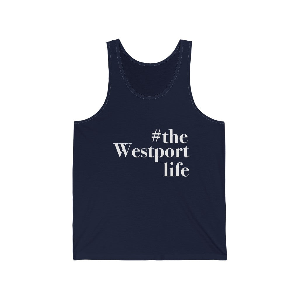 #thewestportlife Unisex Jersey Tank Do you live the #thewestportlife? Living the #thewestportlife is a lifestyle and proudly show it off the world that your beach of choice is Compo Beach and you support the local lifestyle. Free USA shipping on all products. Proceeds of this collection goes to help grow Finding Westport and Finding Connecticut’s brand.