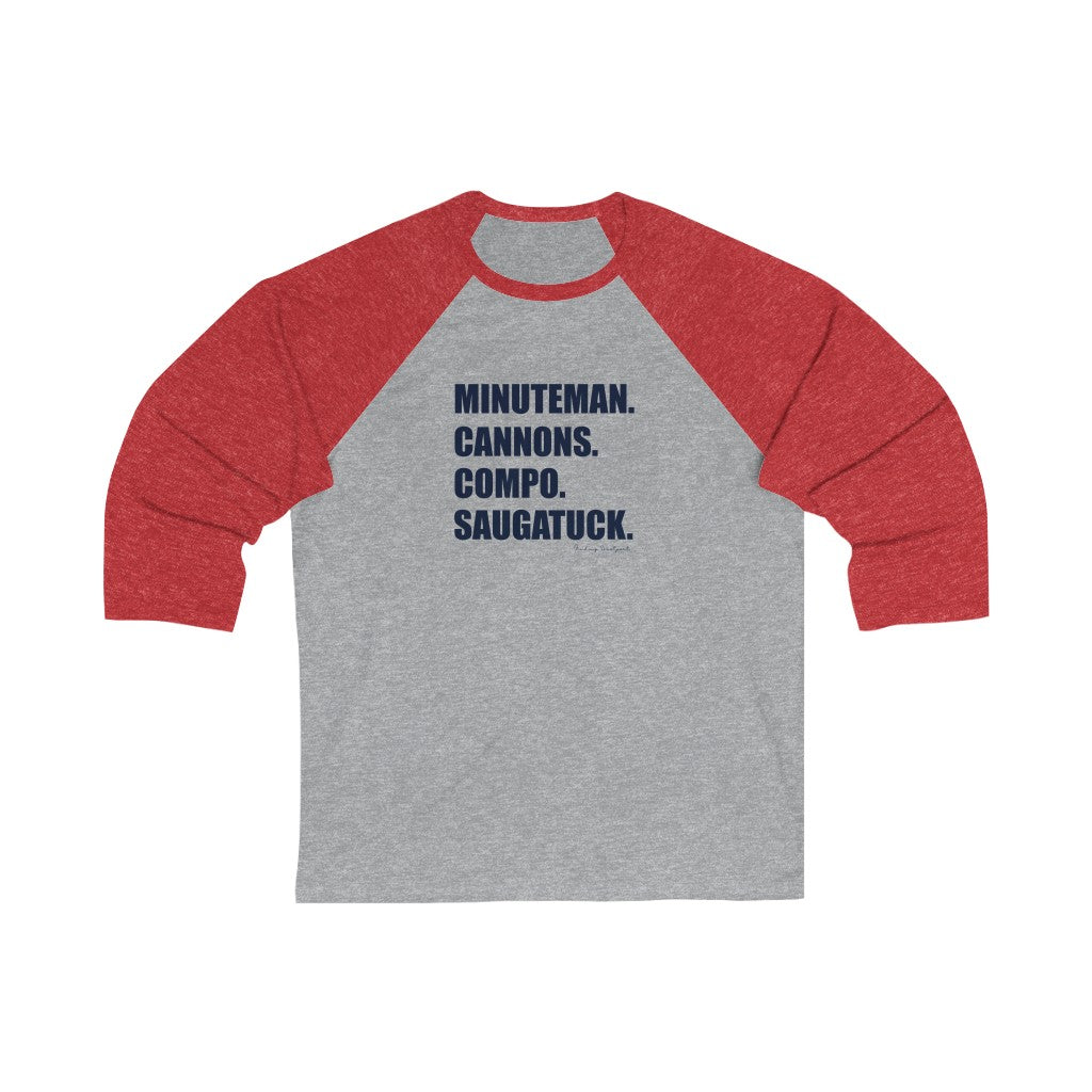 Minuteman. Cannons. Compo. Saugatuck. Unisex 3/4 Sleeve Baseball Tee How do you say Westport without saying Westport? Westport, Connecticut is filled with unique aspects. Each providing different elements that make up the town from historic to modern traditions. Minuteman. Cannons. Compo. Saugatuck. You know its Westport. Proceeds of this collection goes to help build Finding Westport and Finding Connecticut's brands.