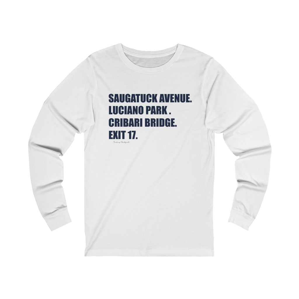 Saugatuck Ave. Luciano Park. Cribari Bridge. Exit 17. Unisex Jersey Long Sleeve Tee How do you say Westport without saying Westport? Westport, Connecticut is filled with unique aspects. Each providing different elements that make up the town from historic to modern traditions. Proceeds of this collection goes to help build Finding Westport and Finding Connecticut's brands.