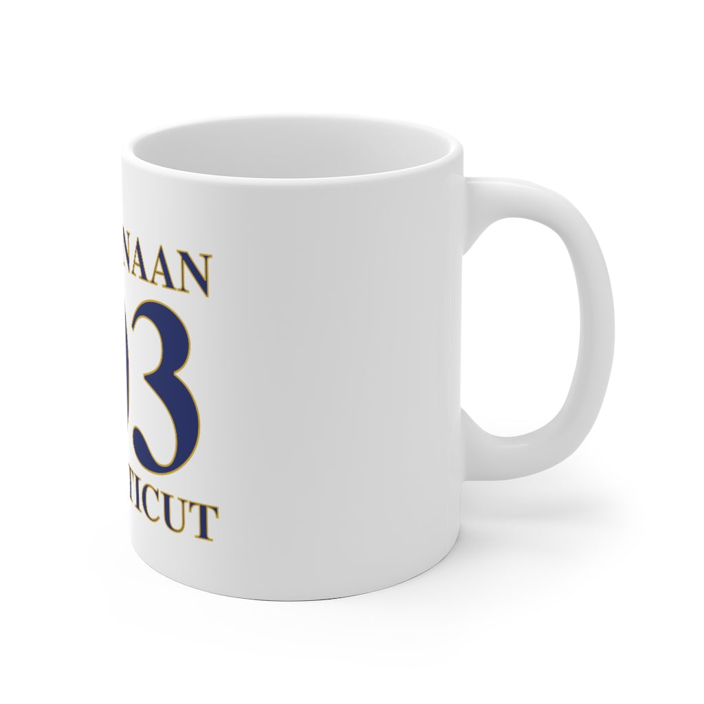 New Canaan 203 Connecticut White Ceramic Mug The 203 New Canaan Collection. Show off New Canaan and Connecticut at the same time. Colors were inspired by the Connecticut state flag. Proceeds help build Finding New Canaan and Finding Connecticut's brand.