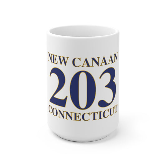 New Canaan 203 Connecticut White Ceramic Mug  The 203 New Canaan Collection. Show off New Canaan and Connecticut at the same time. Colors were inspired by the Connecticut state flag.   Proceeds help build Finding New Canaan and Finding Connecticut's brand.