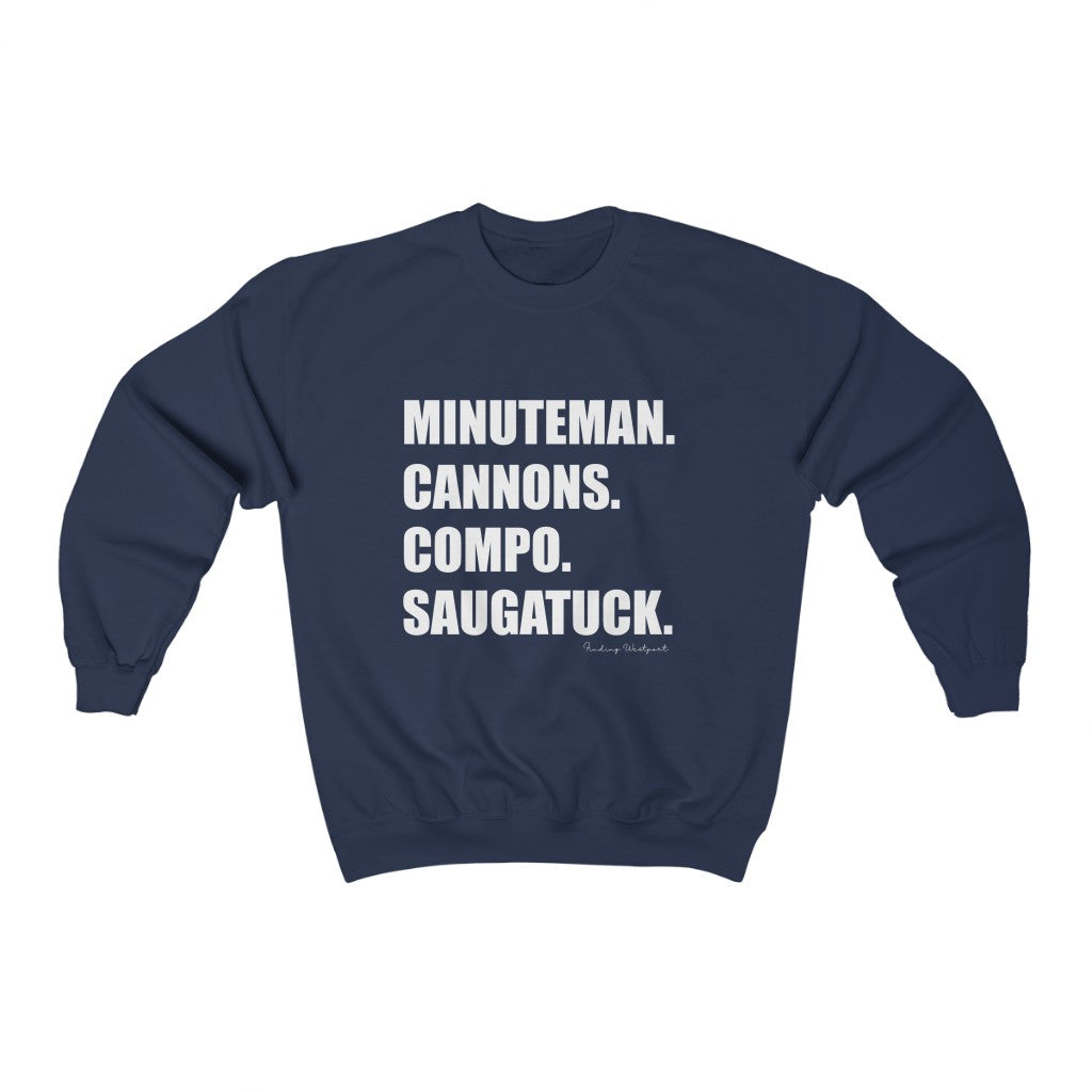 Minuteman. Cannons. Compo. Saugatuck. Unisex Heavy Blend Crewneck Sweatshirt How do you say Westport without saying Westport? Westport, Connecticut is filled with unique aspects. Each providing different elements that make up the town from historic to modern traditions. Minuteman. Cannons. Compo. Saugatuck. You know its Westport. Proceeds of this collection goes to help build Finding Westport and Finding Connecticut's brands.