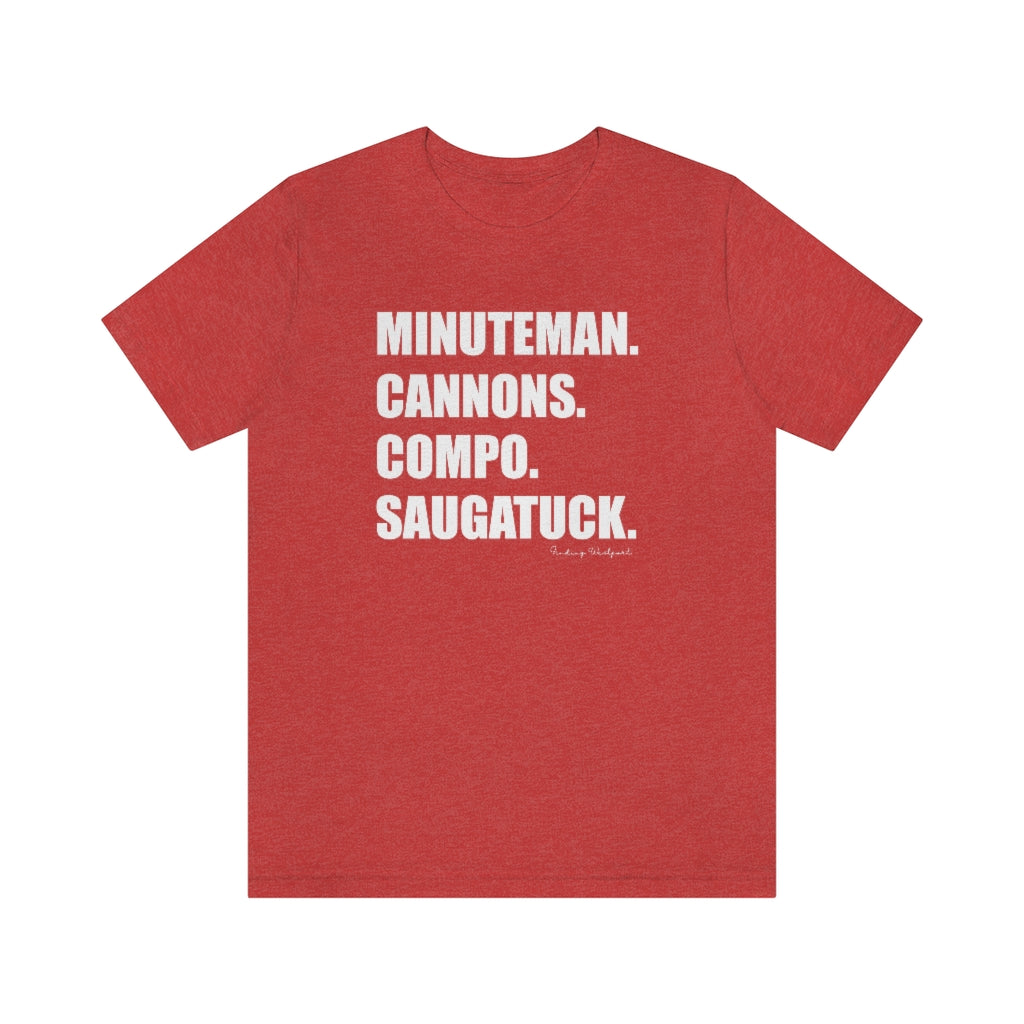 Minuteman. Cannons. Compo. Saugatuck. Unisex Jersey Short Sleeve Tee How do you say Westport without saying Westport? Westport, Connecticut is filled with unique aspects. Each providing different elements that make up the town from historic to modern traditions. Minuteman. Cannons. Compo. Saugatuck. You know its Westport. Proceeds of this collection goes to help build Finding Westport and Finding Connecticut's brands.