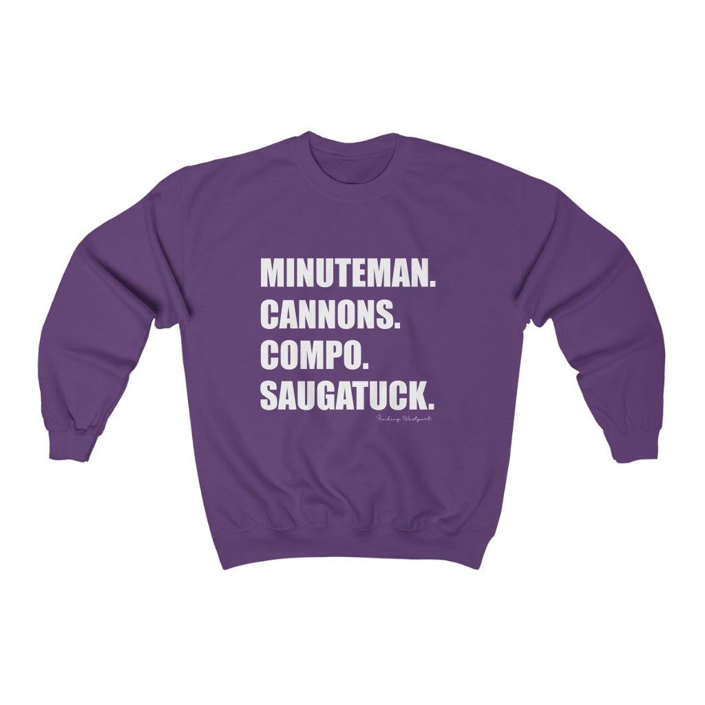 Minuteman. Cannons. Compo. Saugatuck. Unisex Heavy Blend Crewneck Sweatshirt How do you say Westport without saying Westport? Westport, Connecticut is filled with unique aspects. Each providing different elements that make up the town from historic to modern traditions. Minuteman. Cannons. Compo. Saugatuck. You know its Westport. Proceeds of this collection goes to help build Finding Westport and Finding Connecticut's brands.