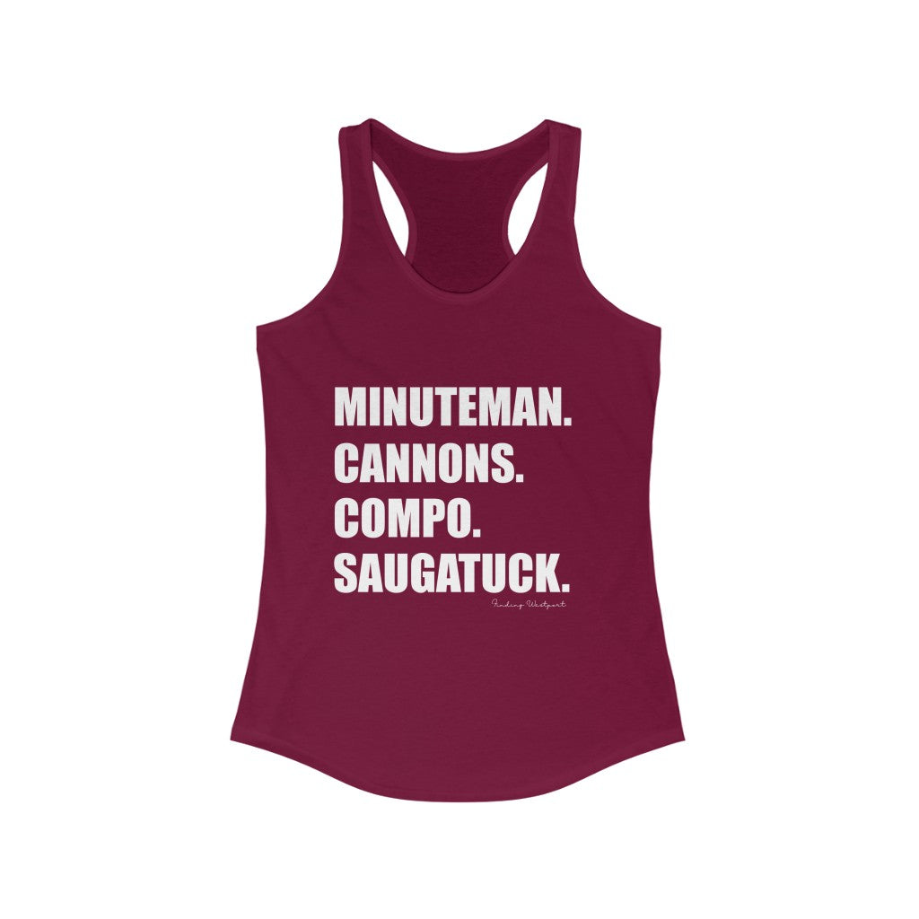 Minuteman. Cannons. Compo. Saugatuck. Women's Ideal Racerback Tank How do you say Westport without saying Westport? Westport, Connecticut is filled with unique aspects. Each providing different elements that make up the town from historic to modern traditions. Minuteman. Cannons. Compo. Saugatuck. You know its Westport. Proceeds of this collection goes to help build Finding Westport and Finding Connecticut's brands.