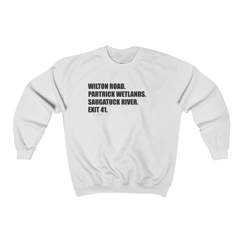 Wilton Road. Partrick Wetlands. Saugatuck River. Exit 41. Unisex Heavy Blend Crewneck Sweatshirt How do you say Westport without saying Westport? Westport, Connecticut is filled with unique aspects. Each providing different elements that make up the town from historic to modern traditions. Proceeds of this collection goes to help build Finding Westport and Finding Connecticut's brands.