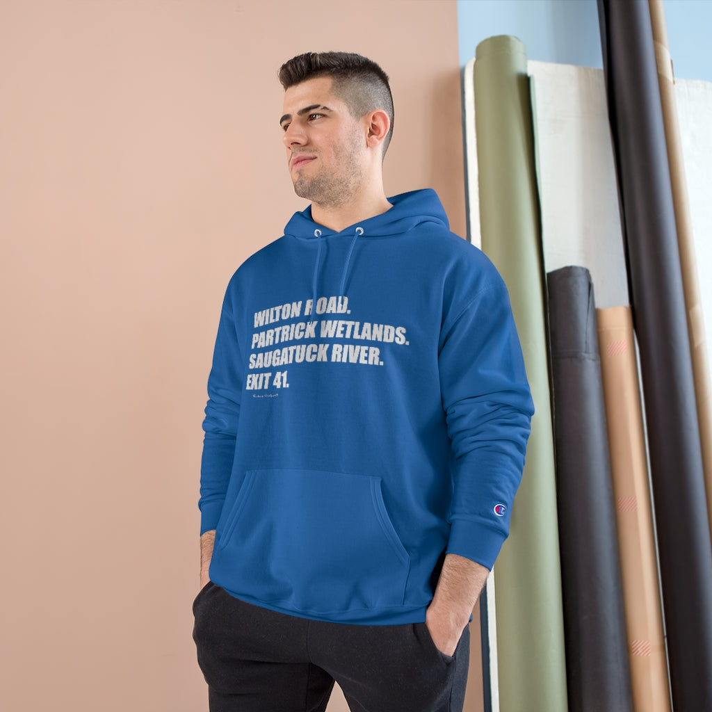 Wilton Road. Partrick Wetlands. Saugatuck River. Exit 41. Champion Hoodie How do you say Westport without saying Westport? Westport, Connecticut is filled with unique aspects. Each providing different elements that make up the town from historic to modern traditions. Proceeds of this collection goes to help build Finding Westport and Finding Connecticut's brands.