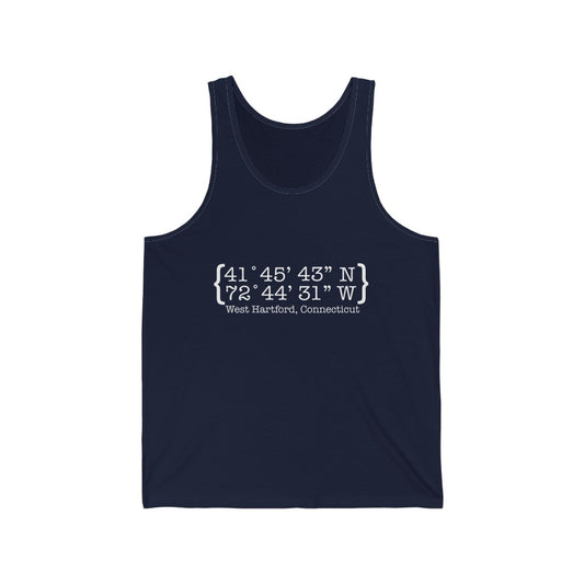 West Hartford Coordinates tank tops.  West Hartford Connecticut tee shirts, hoodies sweatshirts, mugs, other apparel, home gifts, and souvenirs. Proceeds of this collection go to help Finding Connecticut’s brand. Free USA shipping. 
West Hartford Coordinates // west hartford ct unisex tank top shirt // finding connecticut