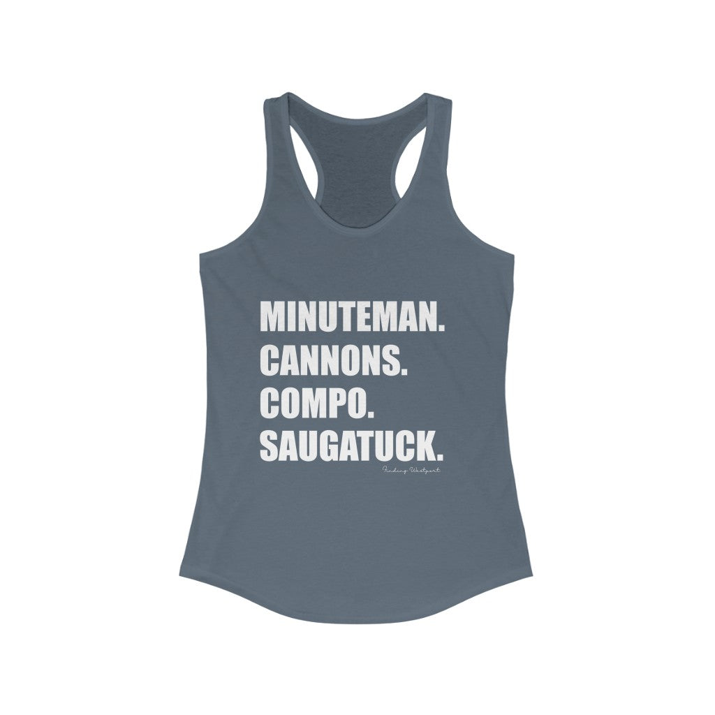 Minuteman. Cannons. Compo. Saugatuck. Women's Ideal Racerback Tank How do you say Westport without saying Westport? Westport, Connecticut is filled with unique aspects. Each providing different elements that make up the town from historic to modern traditions. Minuteman. Cannons. Compo. Saugatuck. You know its Westport. Proceeds of this collection goes to help build Finding Westport and Finding Connecticut's brands.