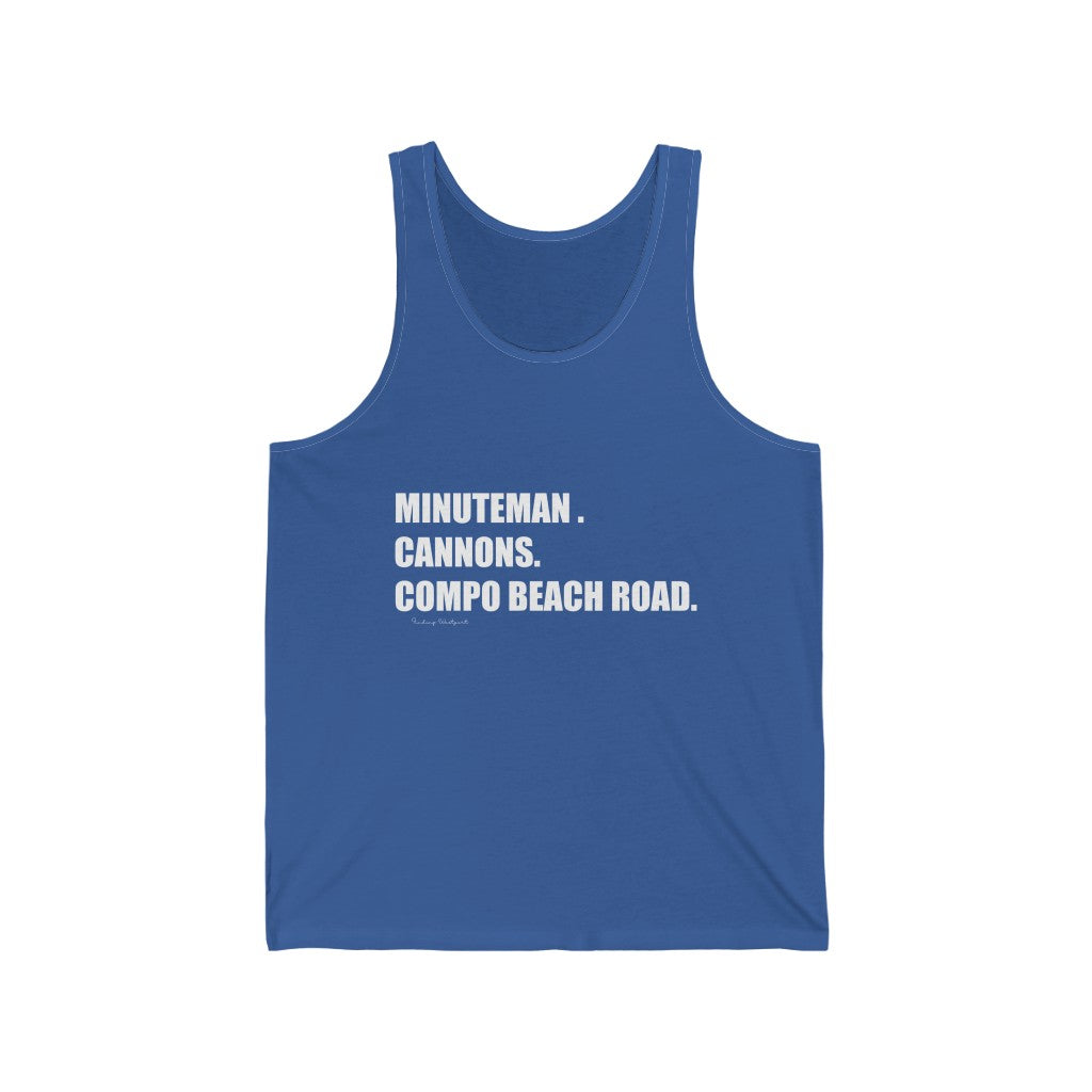 Minuteman. Cannons. Compo Beach Road. Unisex Jersey Tank How do you say Westport without saying Westport? Westport, Connecticut is filled with unique aspects. Each providing different elements that make up the town from historic to modern traditions. Minuteman. Cannons. Compo Beach Road. You know its Westport. Proceeds of this collection goes to help build Finding Westport and Finding Connecticut's brands.