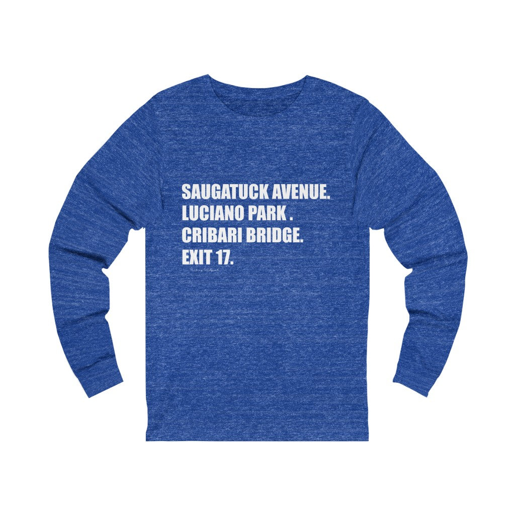 Saugatuck Ave. Luciano Park. Cribari Bridge. Exit 17. Unisex Jersey Long Sleeve Tee How do you say Westport without saying Westport? Westport, Connecticut is filled with unique aspects. Each providing different elements that make up the town from historic to modern traditions. Proceeds of this collection goes to help build Finding Westport and Finding Connecticut's brands.