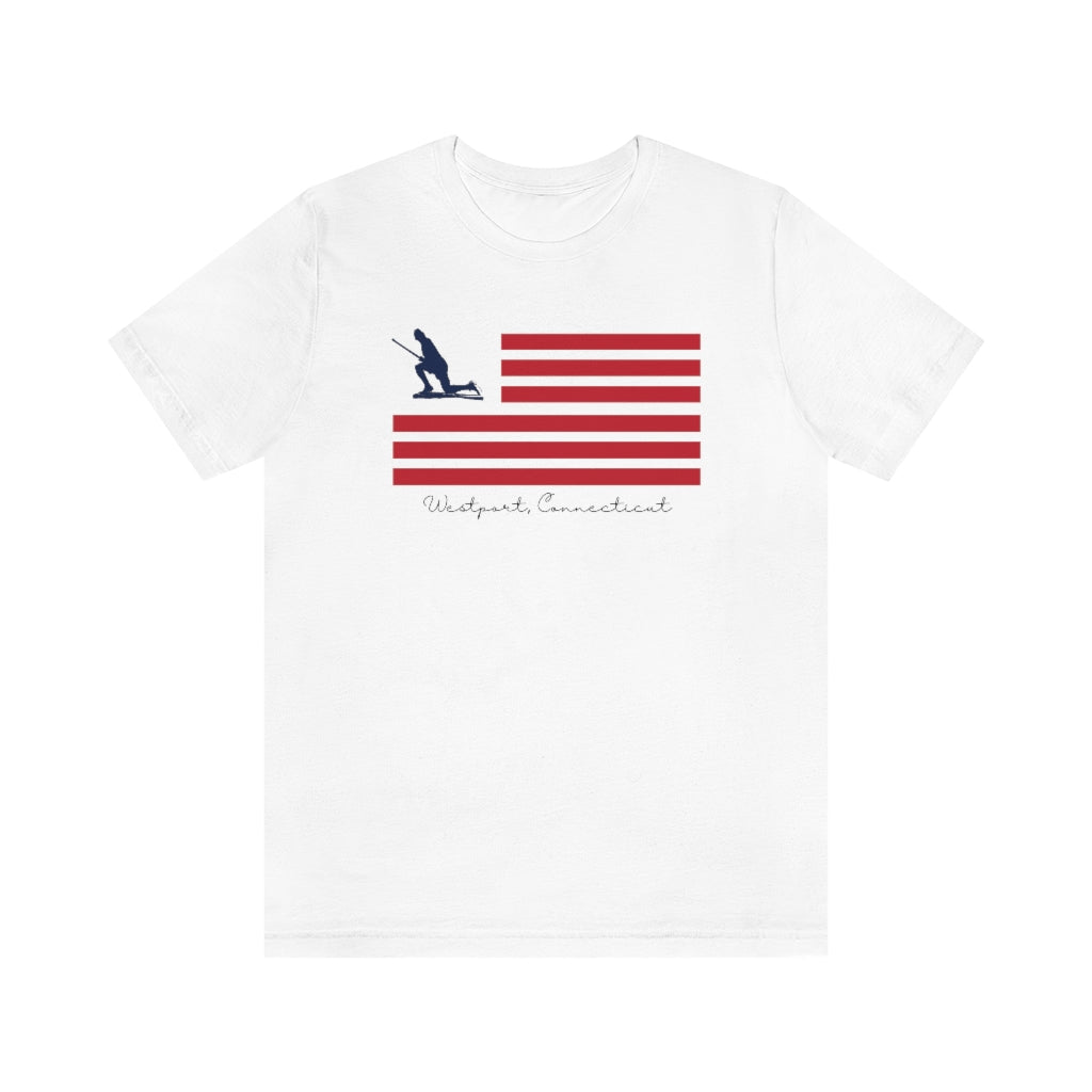 westport connecticut shirt Minuteman Flag Unisex Jersey Short Sleeve Tee