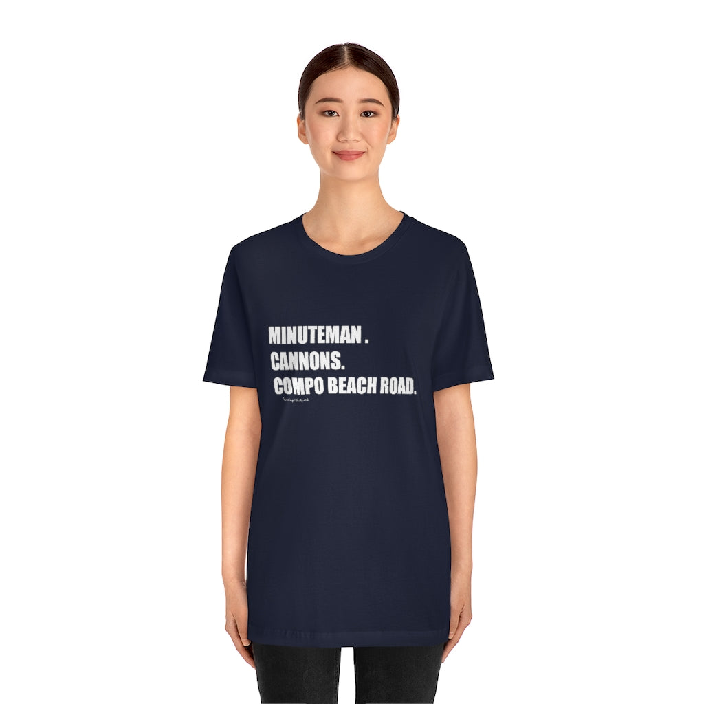 Minuteman. Cannons. Compo Beach Road. Unisex Jersey Short Sleeve Tee How do you say Westport without saying Westport? Westport, Connecticut is filled with unique aspects. Each providing different elements that make up the town from historic to modern traditions. Minuteman. Cannons. Compo Beach Road. You know its Westport. Proceeds of this collection goes to help build Finding Westport and Finding Connecticut's brands.