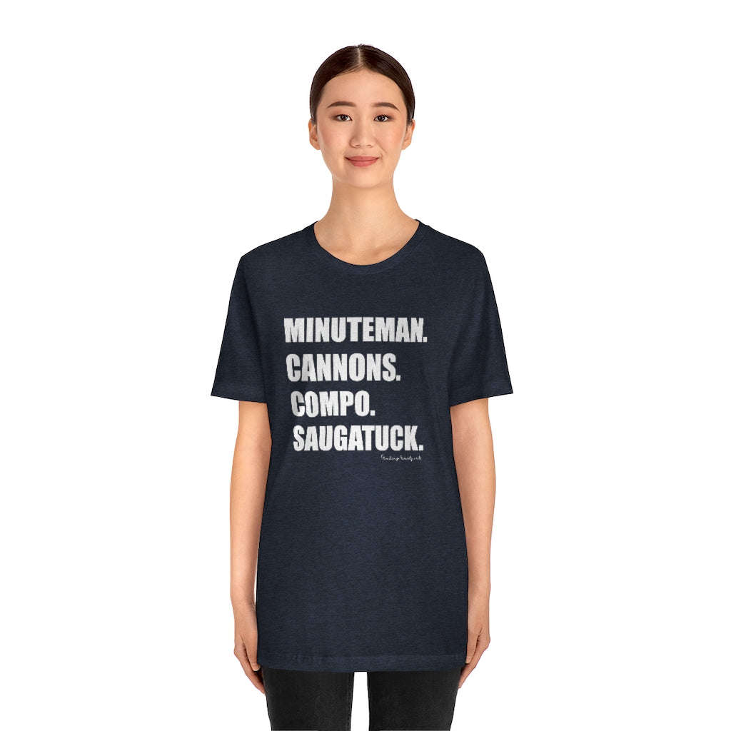 Minuteman. Cannons. Compo. Saugatuck. Unisex Jersey Short Sleeve Tee How do you say Westport without saying Westport? Westport, Connecticut is filled with unique aspects. Each providing different elements that make up the town from historic to modern traditions. Minuteman. Cannons. Compo. Saugatuck. You know its Westport. Proceeds of this collection goes to help build Finding Westport and Finding Connecticut's brands.