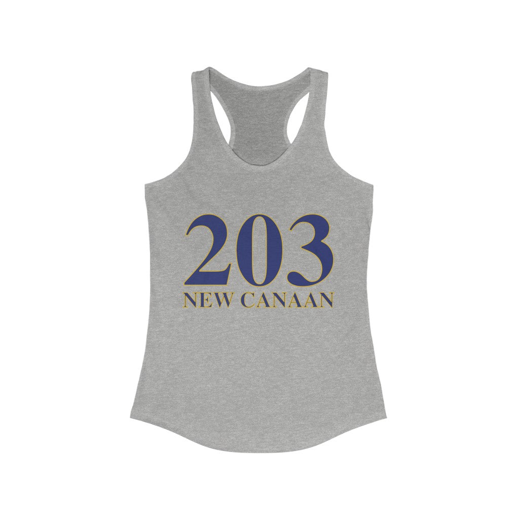 203 New Canaan Women's Ideal Racerback Tank The 203 New Canaan Collection. Show off New Canaan and Connecticut at the same time. Colors were inspired by the Connecticut state flag. Proceeds help build Finding New Canaan and Finding Connecticut's brand.