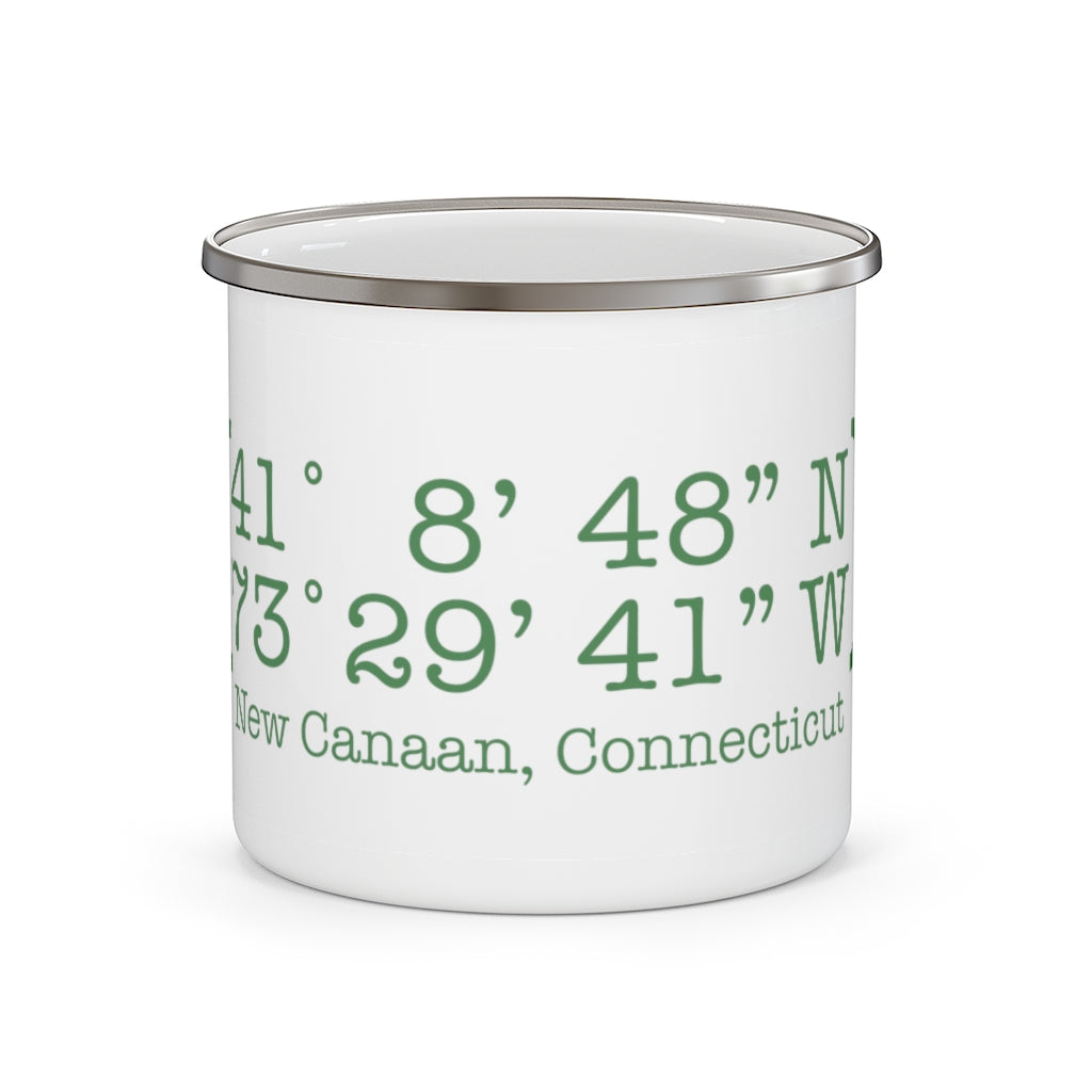 New Canaan Coordinates Enamel Camping Mug  Does New Canaan, Connecticut always have a special place in your heart. The Coordinates collection marks the spot for the special place you have ties to.   Proceeds helps grow Finding New Canaan and Finding Connecticut's brand grow.