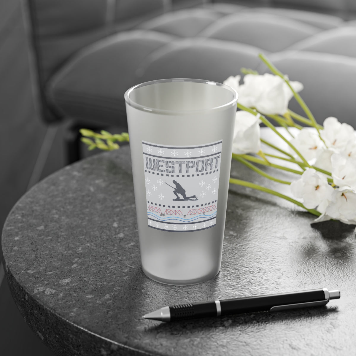 Westport Ugly Holiday Blue / White Frosted Pint Glass, 16oz