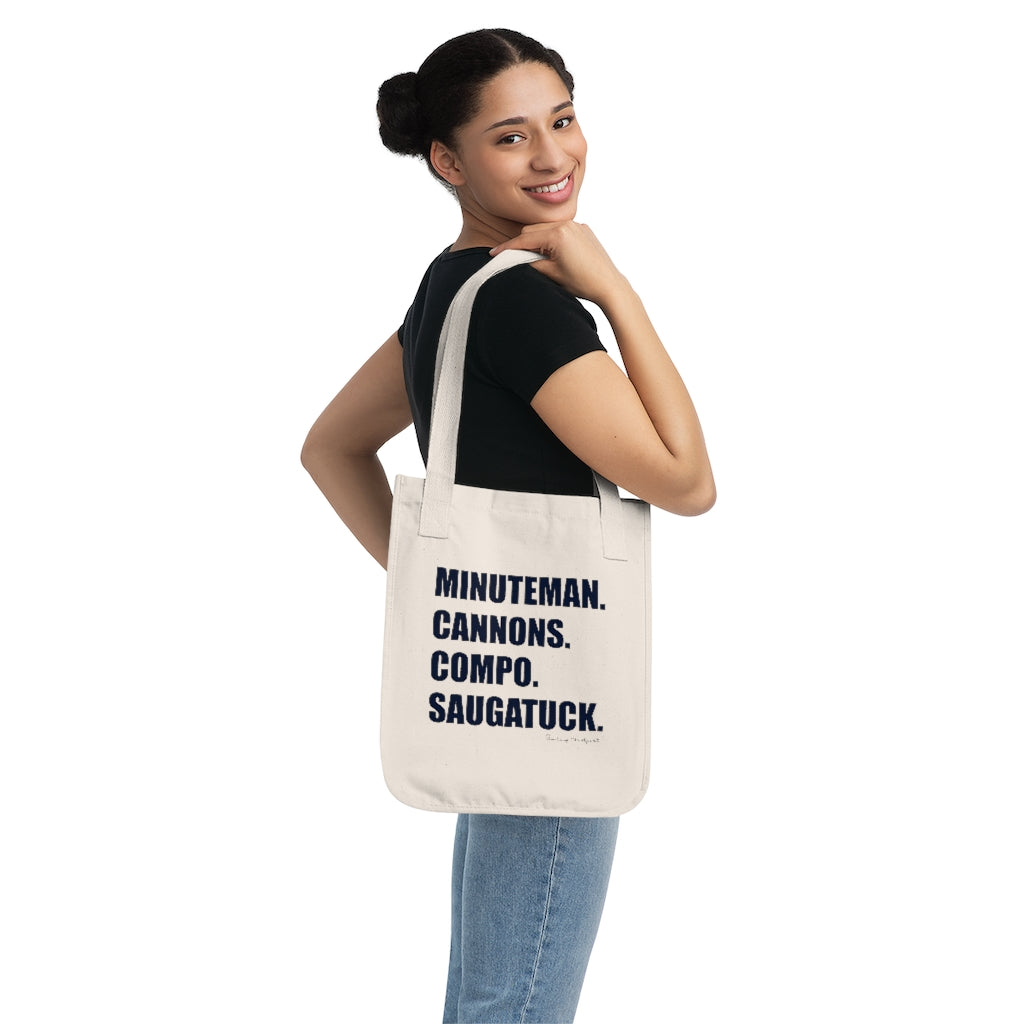 Minuteman. Cannons. Compo. Saugatuck. Organic Canvas Tote Bag How do you say Westport without saying Westport? Westport, Connecticut is filled with unique aspects. Each providing different elements that make up the town from historic to modern traditions. Minuteman. Cannons. Compo. Saugatuck. You know its Westport. Proceeds of this collection goes to help build Finding Westport and Finding Connecticut's brands.