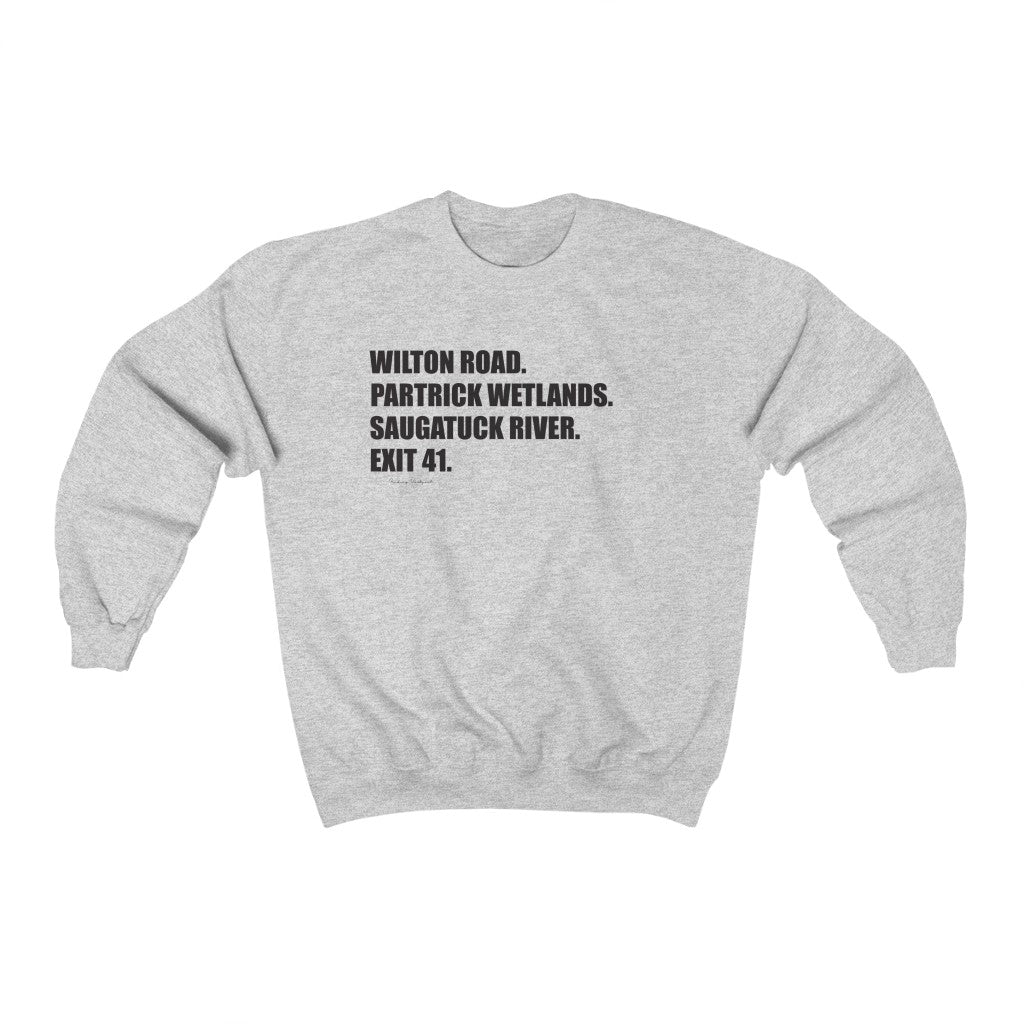 Wilton Road. Partrick Wetlands. Saugatuck River. Exit 41. Unisex Heavy Blend Crewneck Sweatshirt How do you say Westport without saying Westport? Westport, Connecticut is filled with unique aspects. Each providing different elements that make up the town from historic to modern traditions. Proceeds of this collection goes to help build Finding Westport and Finding Connecticut's brands.