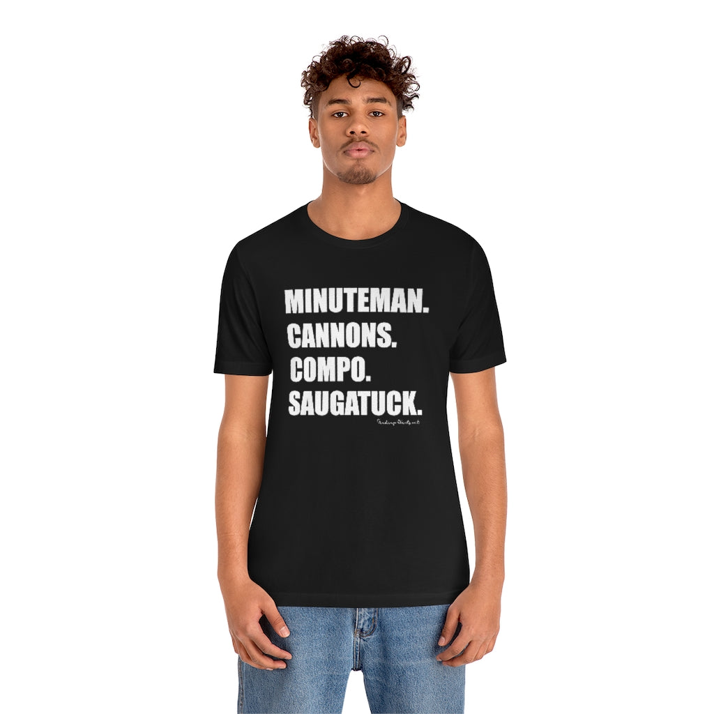 Minuteman. Cannons. Compo. Saugatuck. Unisex Jersey Short Sleeve Tee How do you say Westport without saying Westport? Westport, Connecticut is filled with unique aspects. Each providing different elements that make up the town from historic to modern traditions. Minuteman. Cannons. Compo. Saugatuck. You know its Westport. Proceeds of this collection goes to help build Finding Westport and Finding Connecticut's brands.