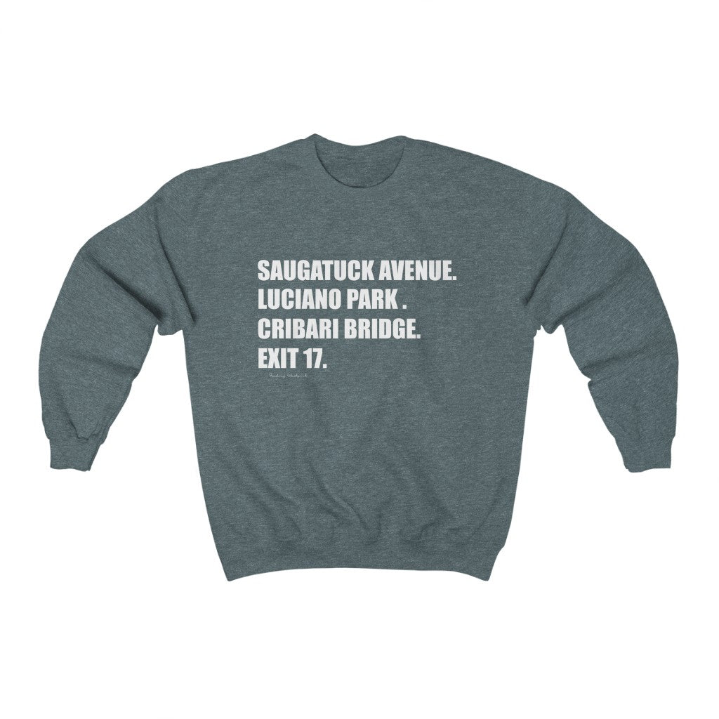 Saugatuck Ave. Luciano Park. Cribari Bridge. Exit 17. Unisex Heavy Blend Crewneck Sweatshirt How do you say Westport without saying Westport? Westport, Connecticut is filled with unique aspects. Each providing different elements that make up the town from historic to modern traditions. Proceeds of this collection goes to help build Finding Westport and Finding Connecticut's brands.