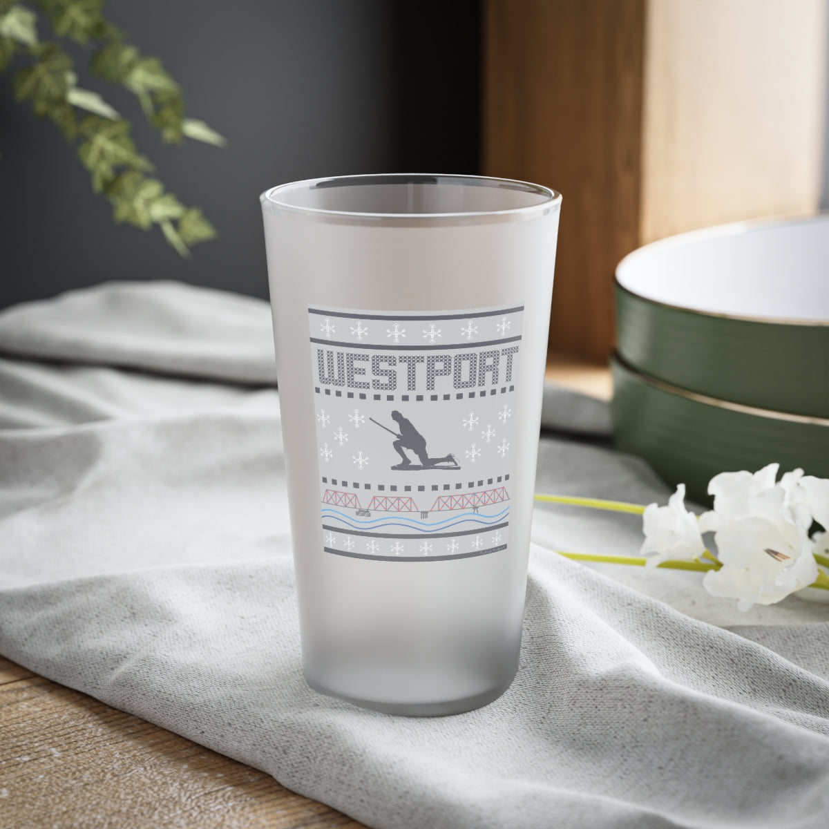 Westport Ugly Holiday Blue / White Frosted Pint Glass, 16oz