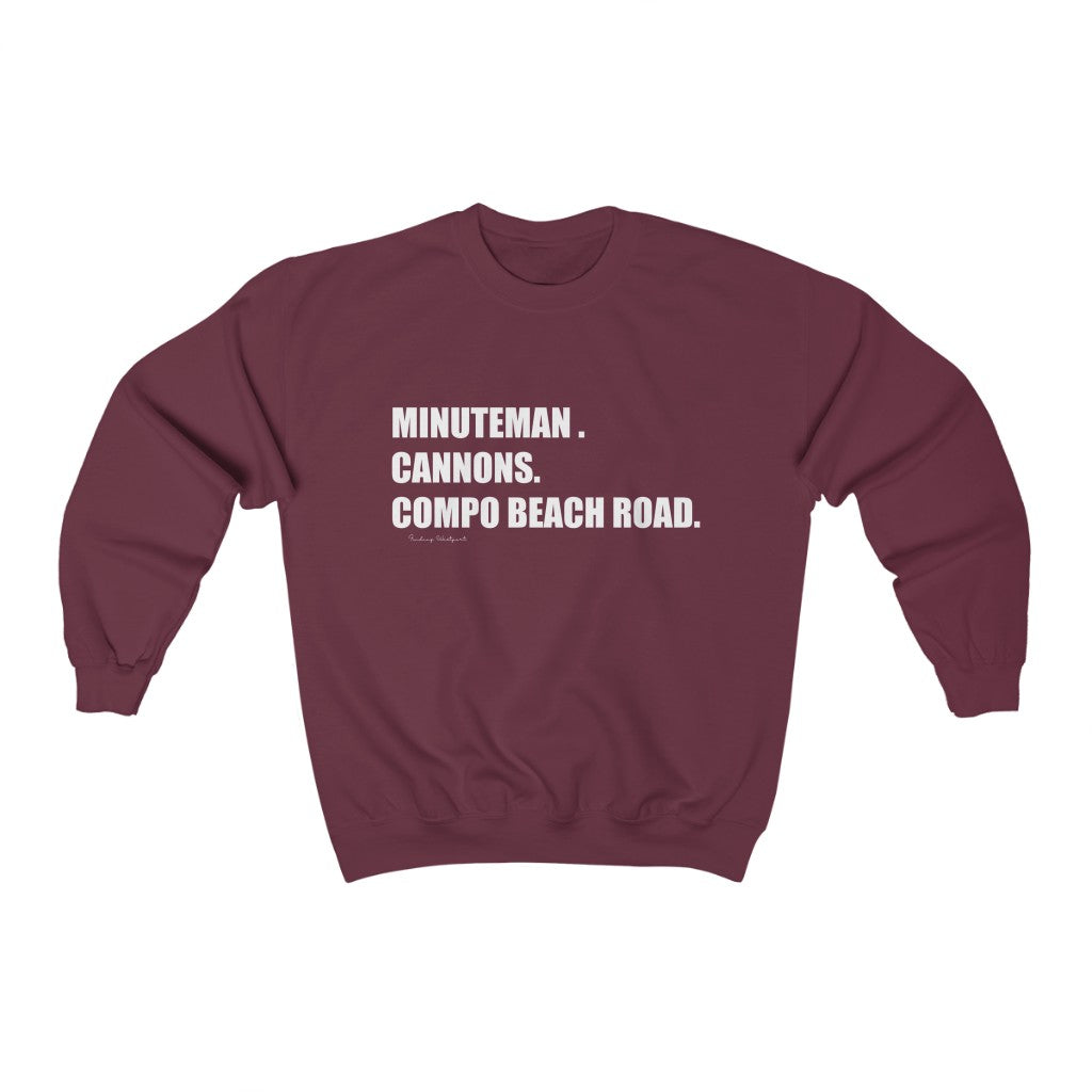 Minuteman. Cannons. Compo Beach Road. Unisex Heavy Blend Crewneck Sweatshirt How do you say Westport without saying Westport? Westport, Connecticut is filled with unique aspects. Each providing different elements that make up the town from historic to modern traditions. Minuteman. Cannons. Compo Beach Road. You know its Westport. Proceeds of this collection goes to help build Finding Westport and Finding Connecticut's brands.