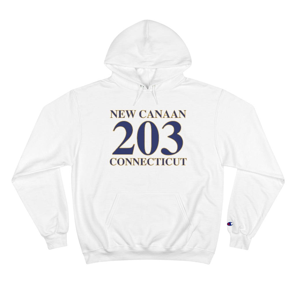 New Canaan 203 Connecticut Champion Hoodie The 203 New Canaan Collection. Show off New Canaan and Connecticut at the same time. Colors were inspired by the Connecticut state flag. Proceeds help build Finding New Canaan and Finding Connecticut's brand.