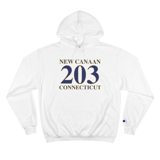 New Canaan 203 Connecticut Champion Hoodie  The 203 New Canaan Collection. Show off New Canaan and Connecticut at the same time. Colors were inspired by the Connecticut state flag.   Proceeds help build Finding New Canaan and Finding Connecticut's brand.