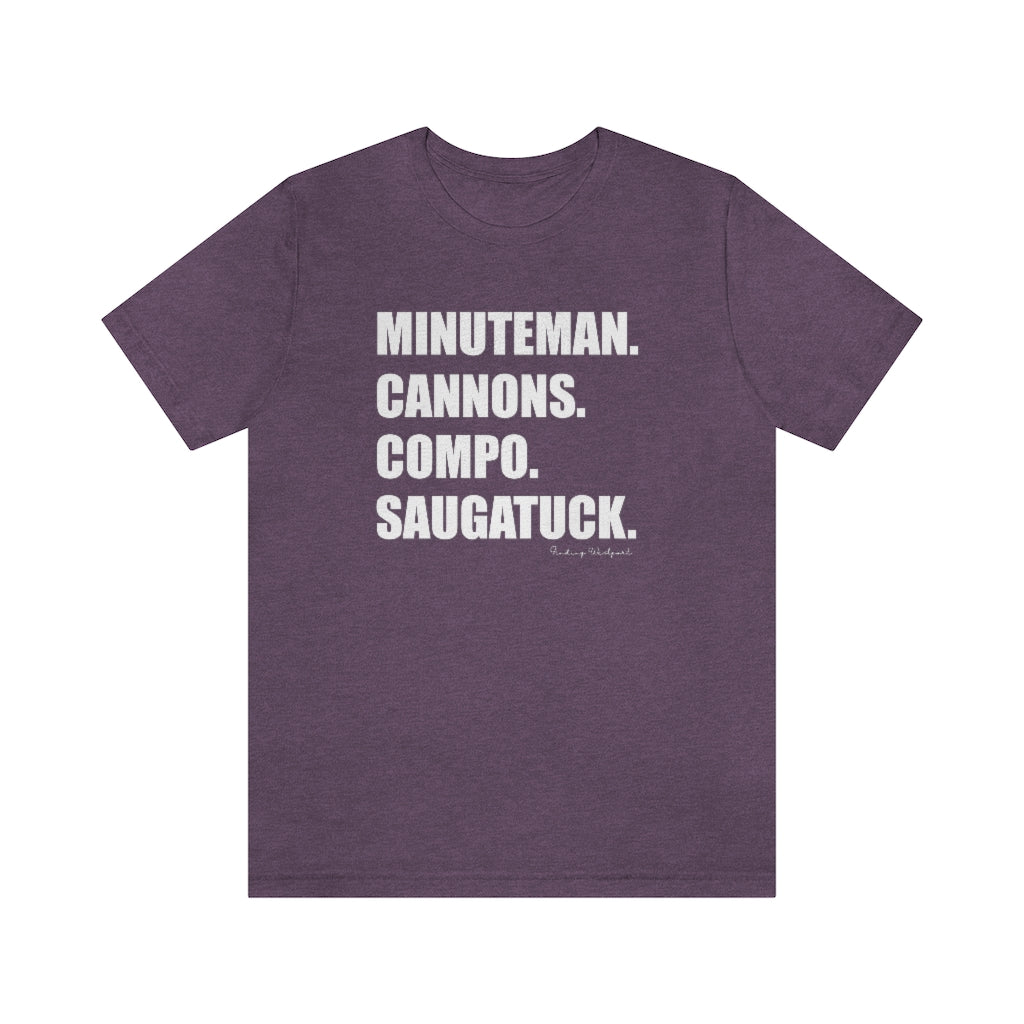 Minuteman. Cannons. Compo. Saugatuck. Unisex Jersey Short Sleeve Tee How do you say Westport without saying Westport? Westport, Connecticut is filled with unique aspects. Each providing different elements that make up the town from historic to modern traditions. Minuteman. Cannons. Compo. Saugatuck. You know its Westport. Proceeds of this collection goes to help build Finding Westport and Finding Connecticut's brands.