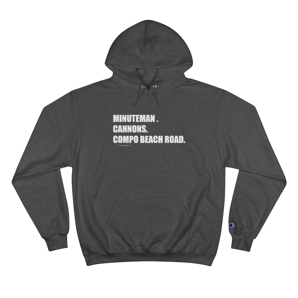 Minuteman. Cannons. Compo Beach Road. Champion Hoodie How do you say Westport without saying Westport? Westport, Connecticut is filled with unique aspects. Each providing different elements that make up the town from historic to modern traditions. Minuteman. Cannons. Compo Beach Road. You know its Westport. Proceeds of this collection goes to help build Finding Westport and Finding Connecticut's brands.