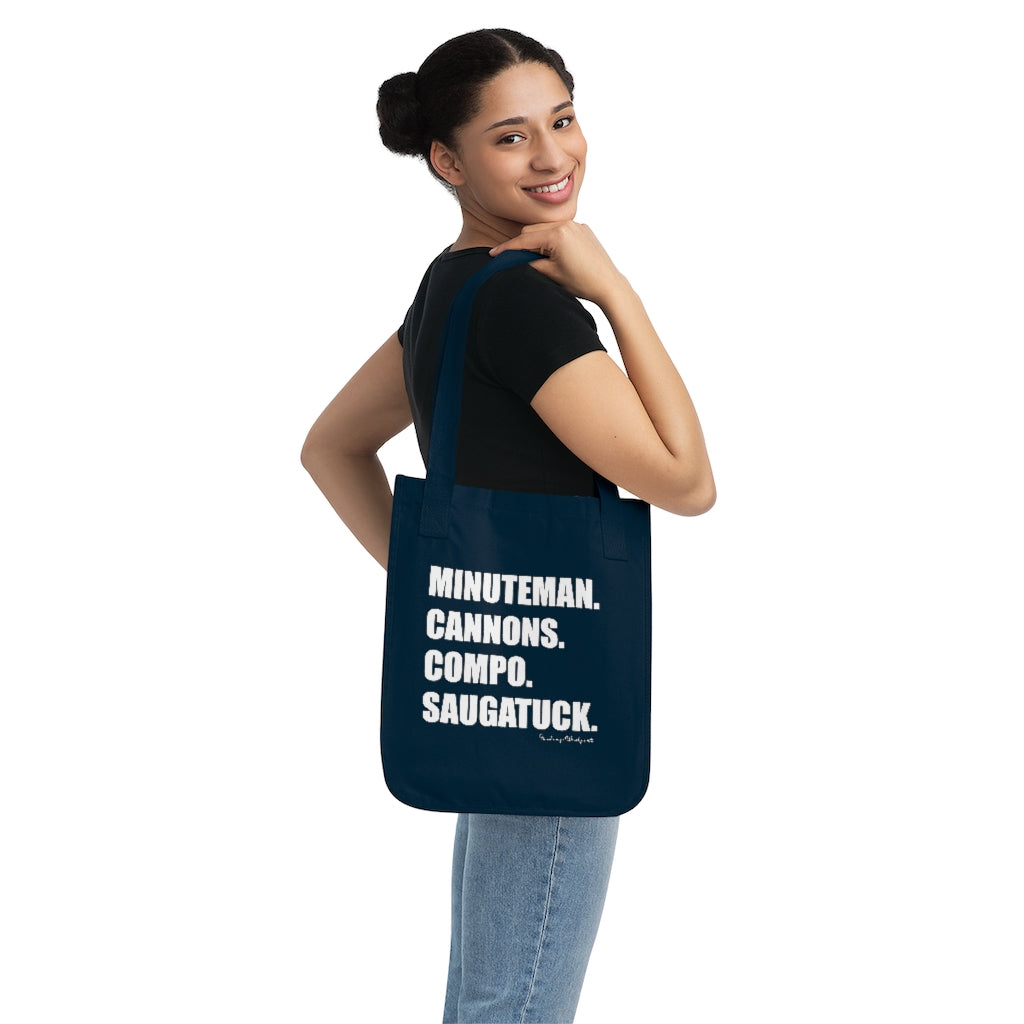 Minuteman. Cannons. Compo. Saugatuck. Organic Canvas Tote Bag How do you say Westport without saying Westport? Westport, Connecticut is filled with unique aspects. Each providing different elements that make up the town from historic to modern traditions. Minuteman. Cannons. Compo. Saugatuck. You know its Westport. Proceeds of this collection goes to help build Finding Westport and Finding Connecticut's brands.