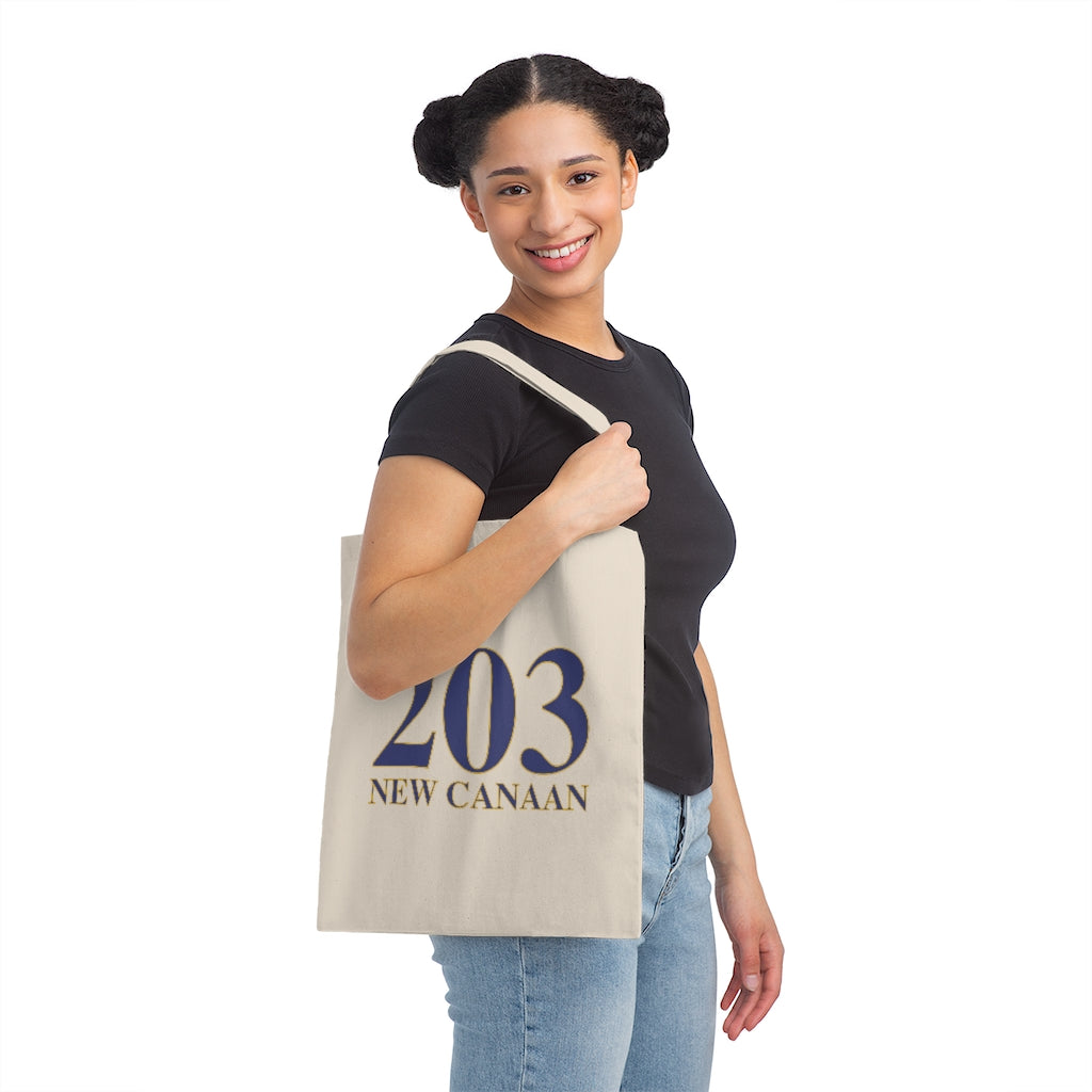 203 New Canaan Canvas Tote Bag The 203 New Canaan Collection. Show off New Canaan and Connecticut at the same time. Colors were inspired by the Connecticut state flag. Proceeds help build Finding New Canaan and Finding Connecticut's brand.