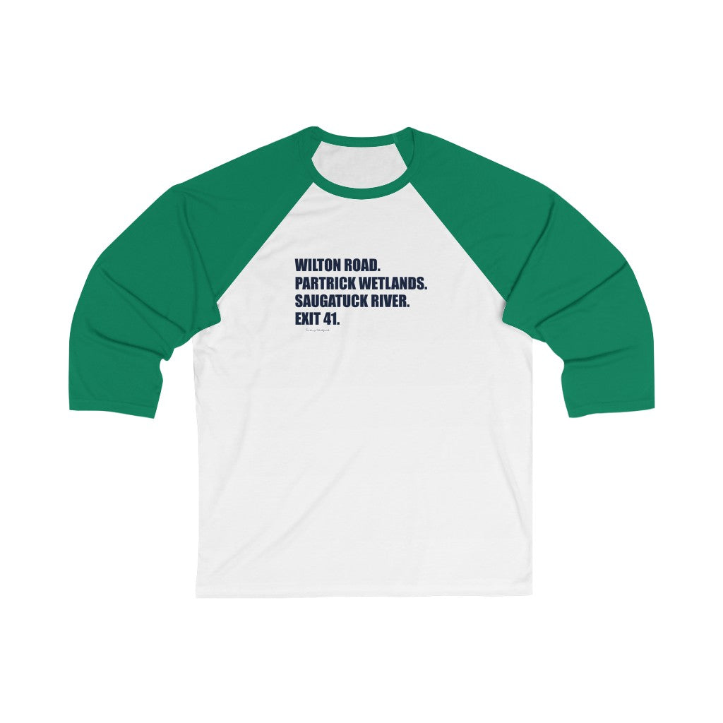 Wilton Road. Partrick Wetlands. Saugatuck River. Exit 41. Unisex 3/4 Sleeve Baseball Tee How do you say Westport without saying Westport? Westport, Connecticut is filled with unique aspects. Each providing different elements that make up the town from historic to modern traditions. Proceeds of this collection goes to help build Finding Westport and Finding Connecticut's brands.