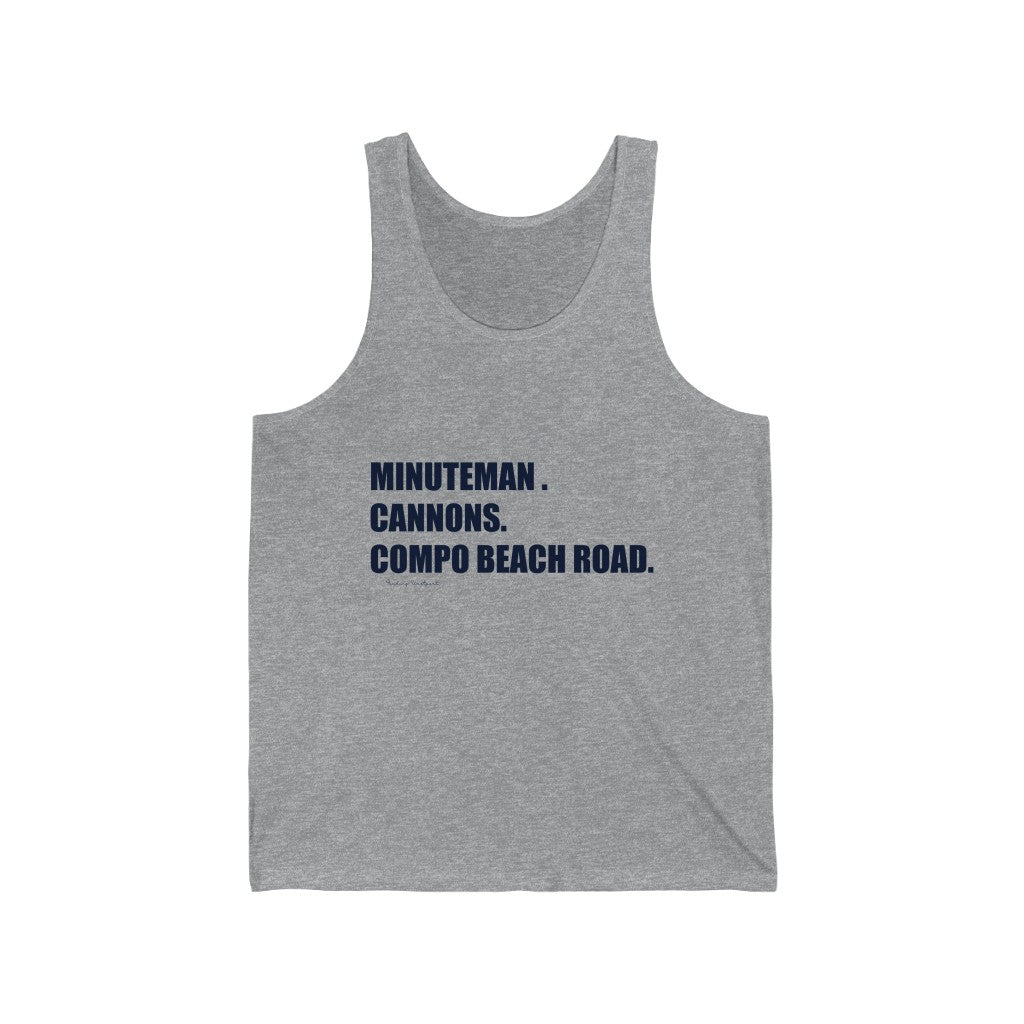 Minuteman. Cannons. Compo Beach Road. Unisex Jersey Tank How do you say Westport without saying Westport? Westport, Connecticut is filled with unique aspects. Each providing different elements that make up the town from historic to modern traditions. Minuteman. Cannons. Compo Beach Road. You know its Westport. Proceeds of this collection goes to help build Finding Westport and Finding Connecticut's brands.