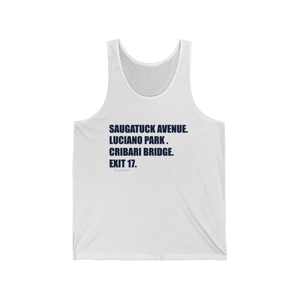 Saugatuck Ave. Luciano Park. Cribari Bridge. Exit 17. Unisex Jersey Tank How do you say Westport without saying Westport? Westport, Connecticut is filled with unique aspects. Each providing different elements that make up the town from historic to modern traditions. Proceeds of this collection goes to help build Finding Westport and Finding Connecticut's brands.
